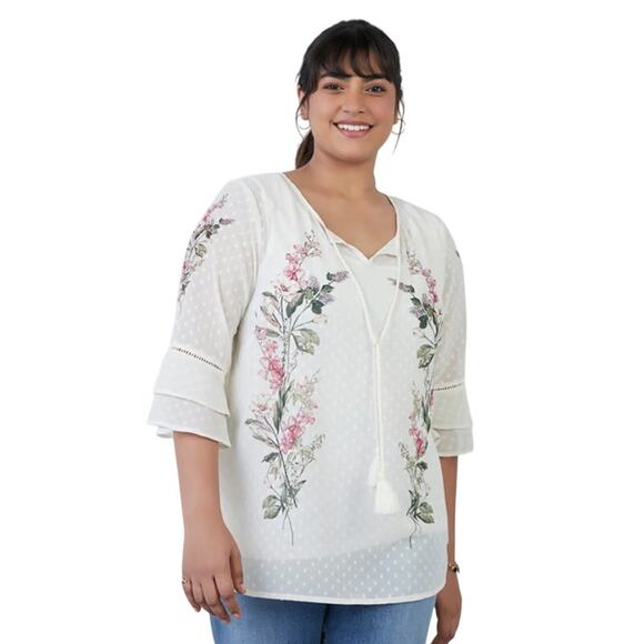 GIA Boho Top XXL White Oversized Sheer Floral Print Peasant Plus Flutter Tassel - Picture 1 of 16